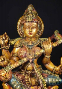 wooden hindu goddess saraswati statue